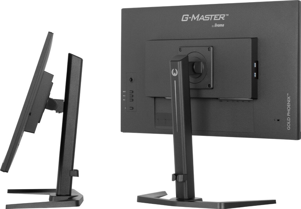 Monitor IIYAMA G-Master GB2795HSU-B1 27 1920x1080px 280Hz 0.2 ms [MPRT] dwa monitory ustawione obok siebie: jeden tyłem, drugi bokiem podstawa regulacja nachylenie wysokość
