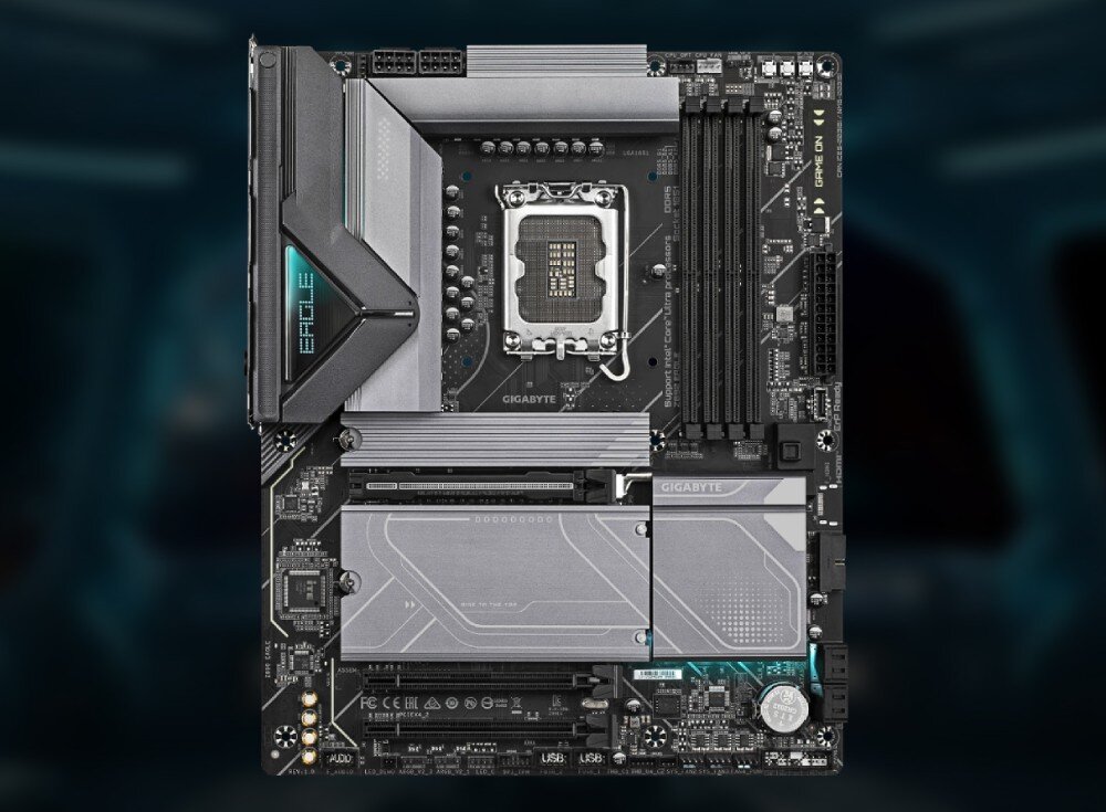 Płyta główna GIGABYTE Z890 Eagle Widok z góry na całą płytę główną z widocznymi radiatorami i slotami rozszerzeń
