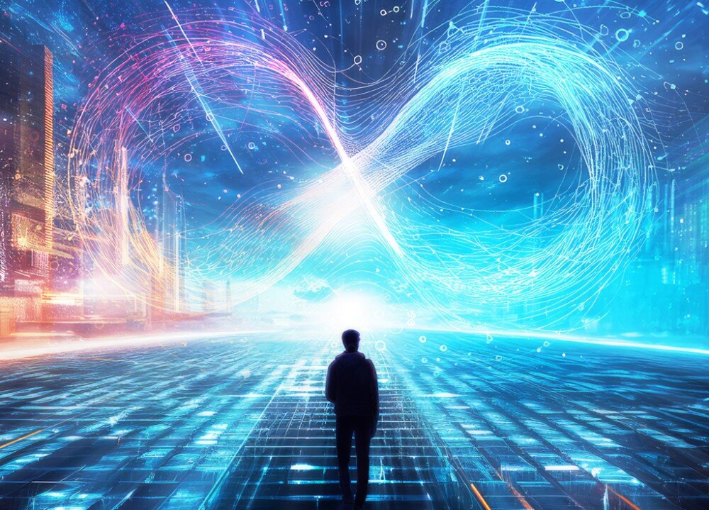 Płyta główna GIGABYTE Z890 Eagle Świecący znak nieskończoności ułożony z cyfrowych linii z sylwetką człowieka w tle