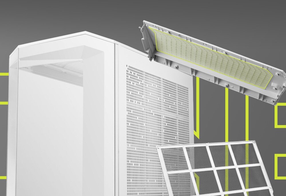 Obudowa MSI MAG Pano 100R PZ Prezentacja bocznego i dolnego panelu obudowy komputerowej z odchylonymi magnetycznymi filtrami przeciwpyłowymi ułatwiającymi czyszczenie zestawu