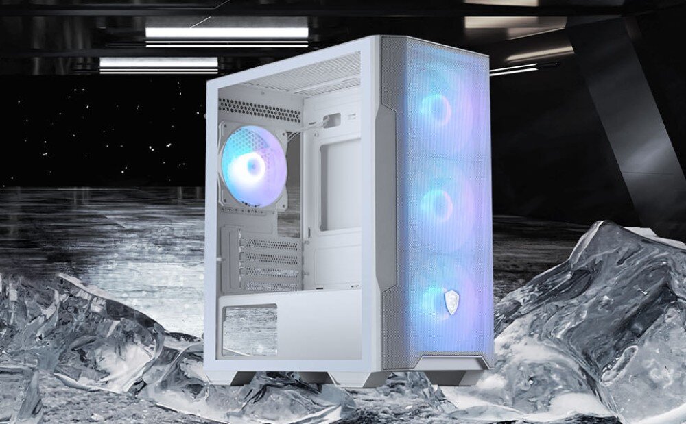 Obudowa MSI Mag Forge M100R biała obudowa komputerowa z podświetleniem ARGB ustawiona na tle imitującym lód i ciemną przestrzeń