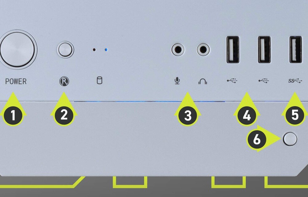 Obudowa MSI Mag Forge M100R widok z góry na panel portów wejścia i wyjścia z ponumerowanymi przyciskami zasilania, resetu, gniazdami audio oraz portami USB