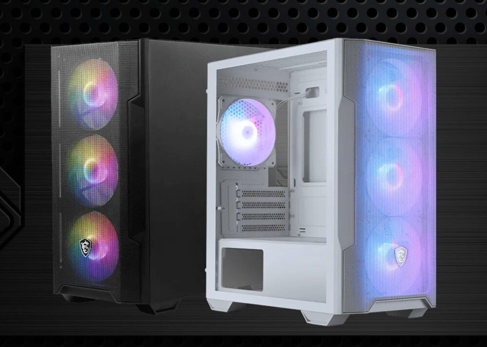 Obudowa MSI Mag Forge M100R dwie obudowy komputerowe obok siebie w kolorze czarnym oraz białym z widocznym kolorowym podświetleniem przednich wentylatorów