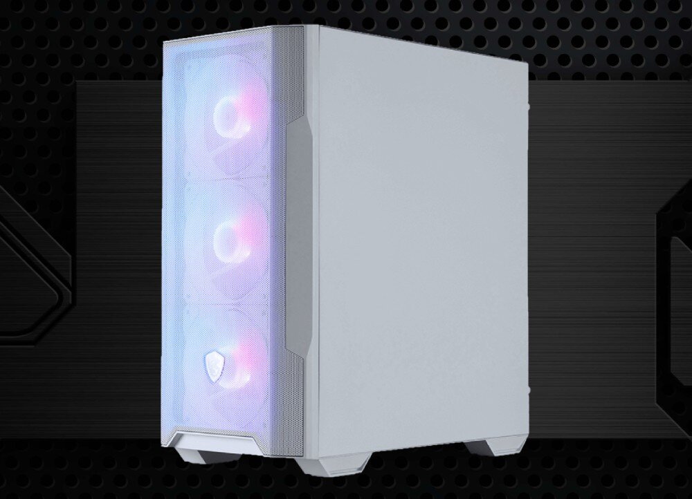Obudowa MSI Mag Forge M100R widok na prawy bok i przód białej obudowy z trzema podświetlonymi wentylatorami za siatkowym panelem