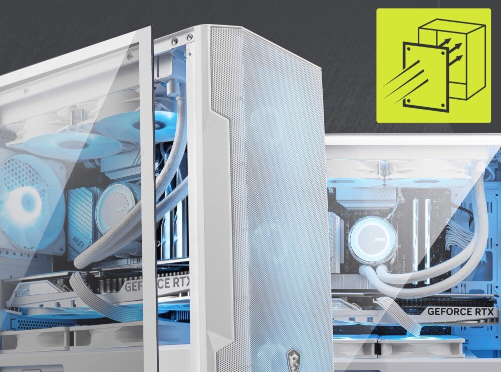 Obudowa MSI Mag Forge M100R widok na wnętrze obudowy przez otwarty panel z hartowanego szkła ukazujący zamontowane komponenty z białym podświetleniem
