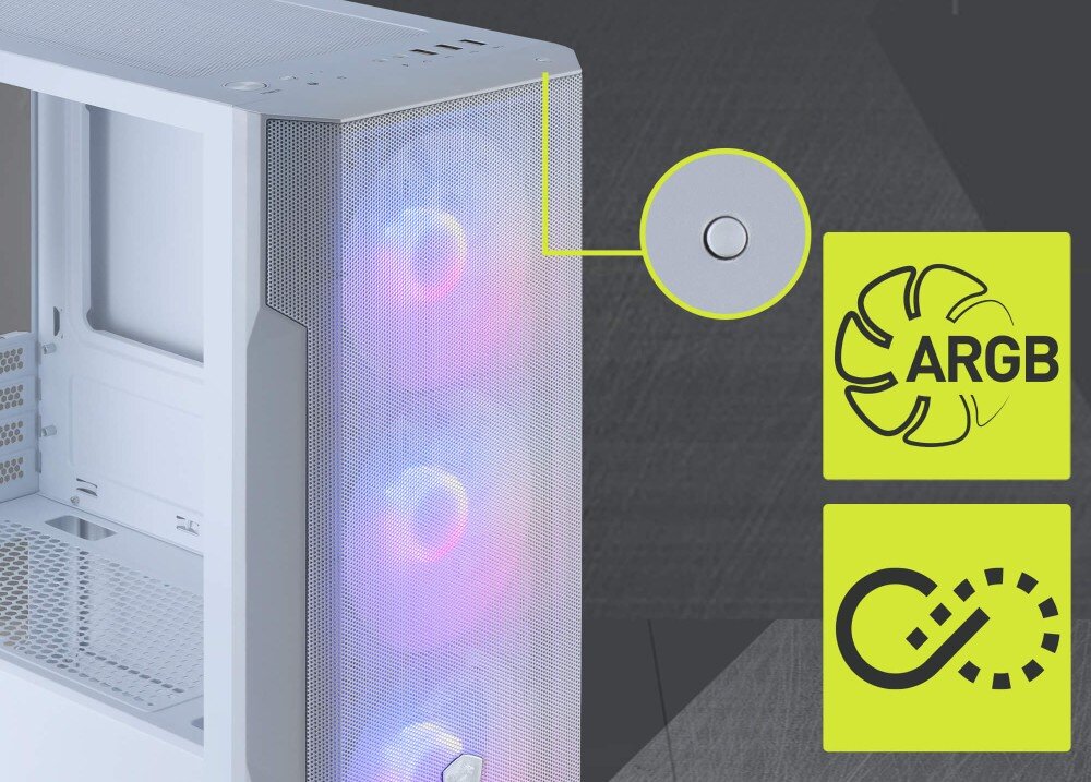 Obudowa MSI Mag Forge M100R zbliżenie na górny narożnik obudowy z przyciskiem do zmiany podświetlenia oraz ikonami ARGB i symbolu pętli