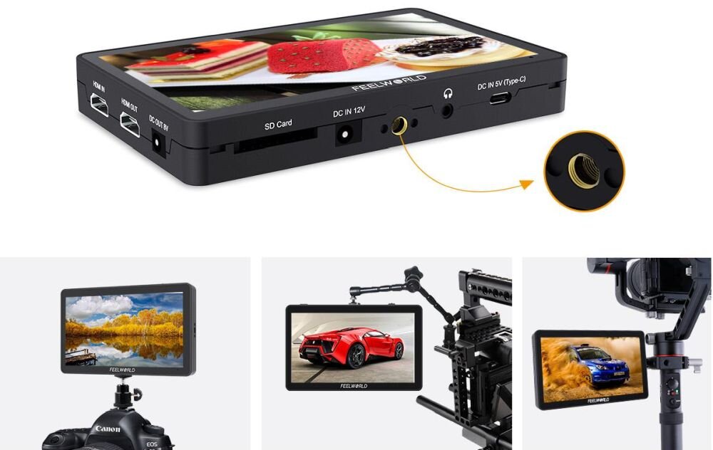 FEELWORLD F6 Plus V2 6 cali HDMI 4K USB-C 5V montaż 1-4 cala ramię obrotowe