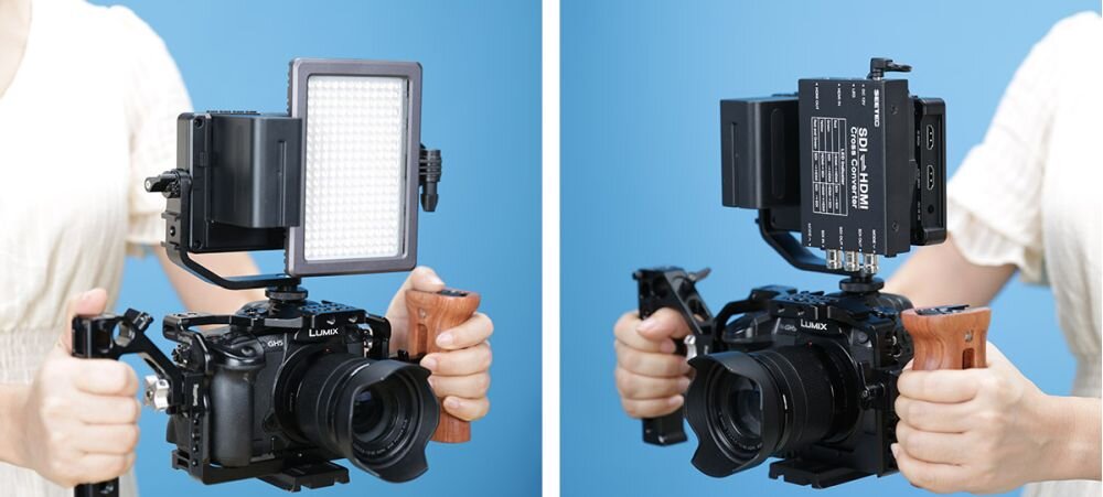 FEELWORLD F5 Pro V4 6 cali osłona przeciwsłoneczna punkty montażowe 1 4 stabilizator kamera