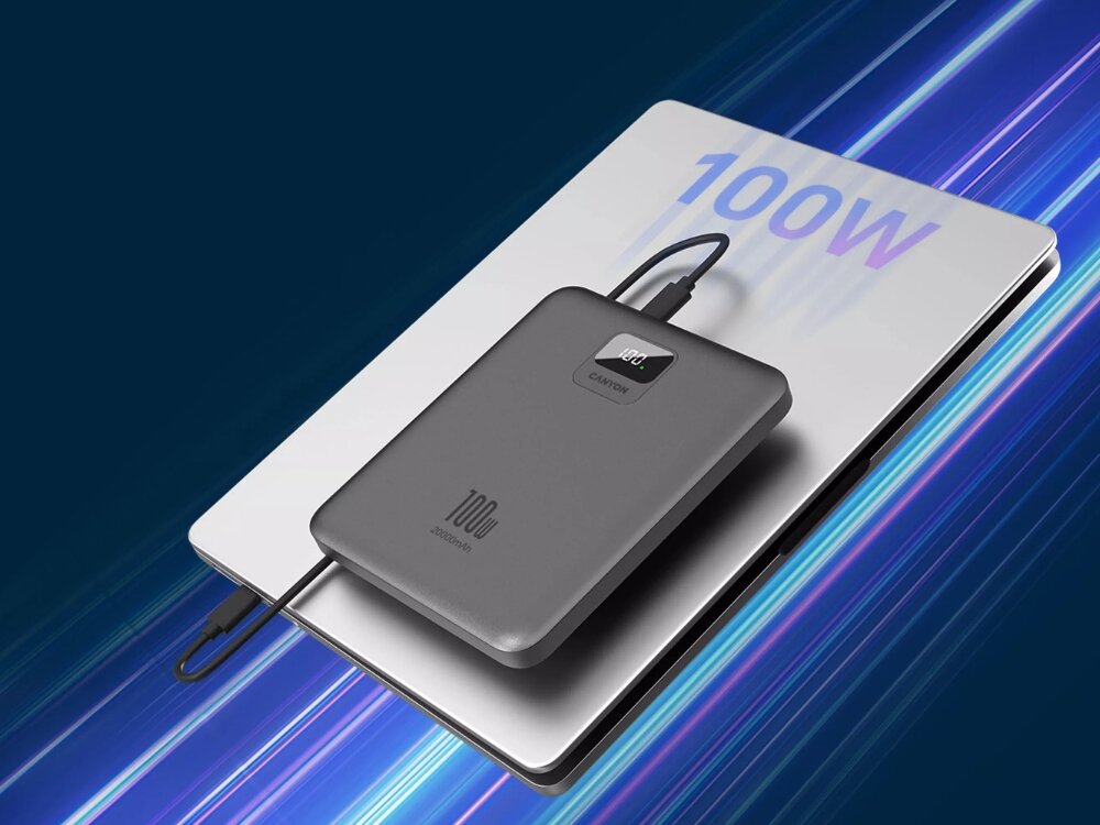 Powerbank CANYON PB-2010 20000 mAh 140W Ciemnoszary moc laptopy urzadzenia port usb-c power delivery napiecie moc