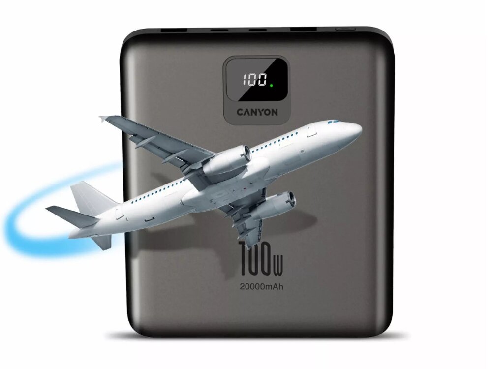 Powerbank CANYON PB-2010 20000 mAh 140W Ciemnoszary poklad samolot pojemnosc linie lotnicze
