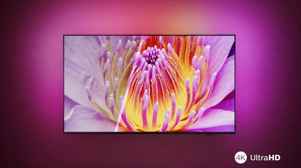 Telewizor PHILIPS 55PUS8009 - Obraz pełen szczegółów, telewizor powieszony na ścianie pokazujący funkcję UHD