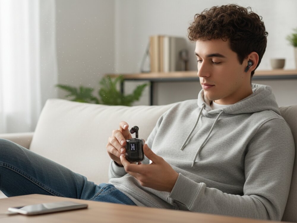 Słuchawki dokanałowe AWEI T79
			mężczyzna trzymający słuchawki w dłoni na kanapie