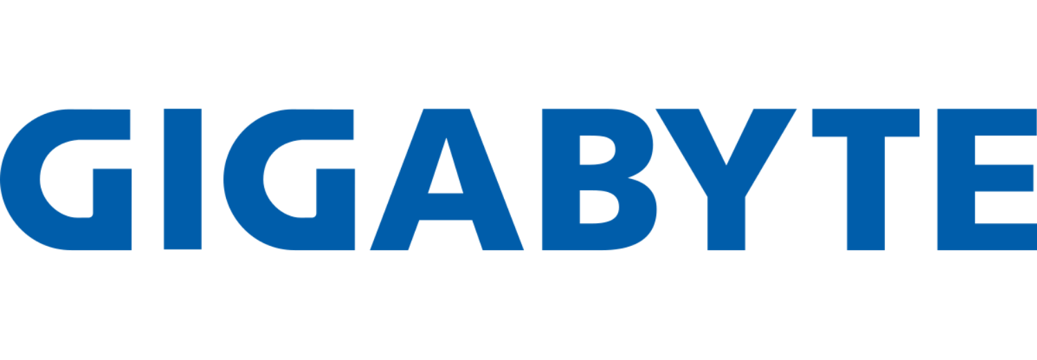 Logo z napisem \'GIGABYTE\' w kolorze niebieskim na białym tle.