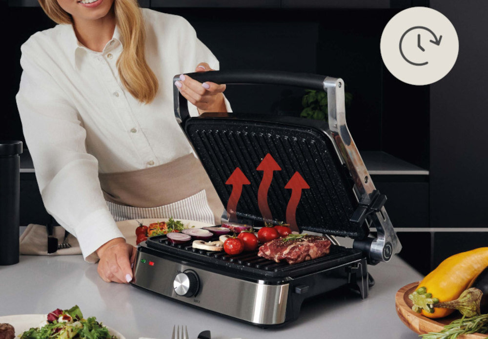 Grill elektryczny ZEEGMA Chef Easy Wszechstronność kulinarna moc kanapki panini warzywa mięsa szybkie nagrzewanie równomierne rozprowadzanie ciepła