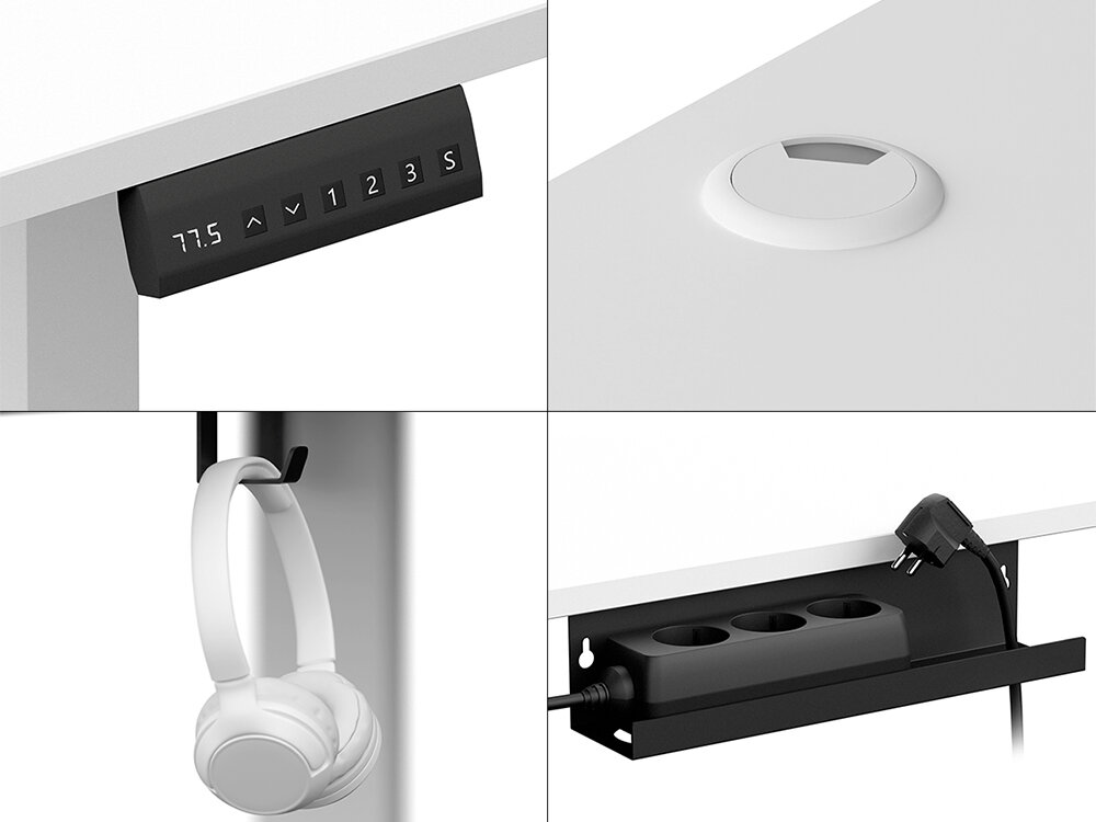 Biurko LVN SYSTEM Control+ 120 Biały kontroler samoprzylepne zaciski dodatkowa półka na listwę zasilającą przelotka kablowa w narożniku blatu praktyczne haczyki po obu stronach blatu