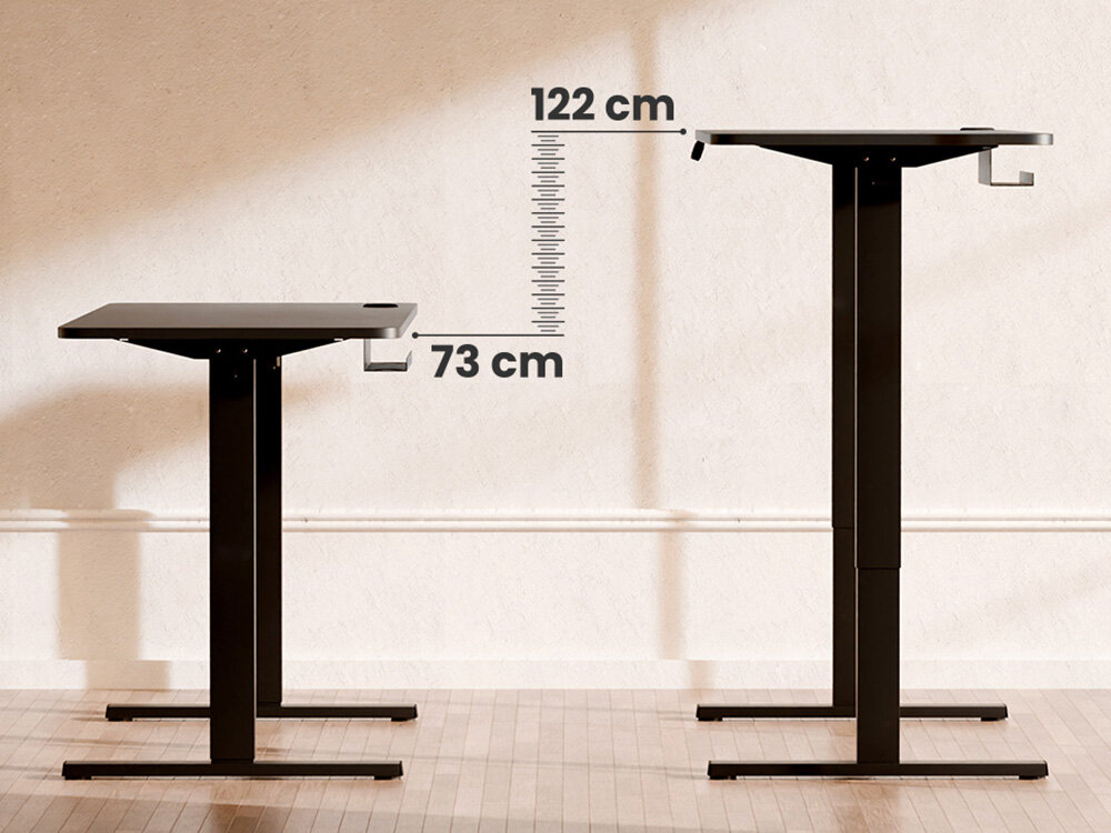 Biurko LVN SYSTEM Control+ 120 Brązowy przedstawienie zakresu regulacji biurka zakres od 73 cm do 122 cm prędkość silnika 2,5 cm/s