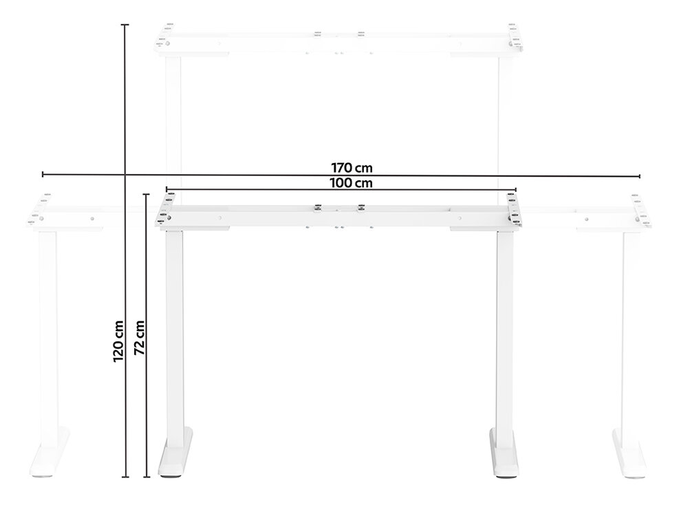 Stelaż biurka LVN SYSTEM Control Pro Biały kontroler zakres szerokości stelaża minimum 100 cm a maksymalnie 170 cm długośc bocznych wsporników 58 cm możliwość zamontowania blatu o szerokości 120-200 cm oraz głębokości 60-80 cm