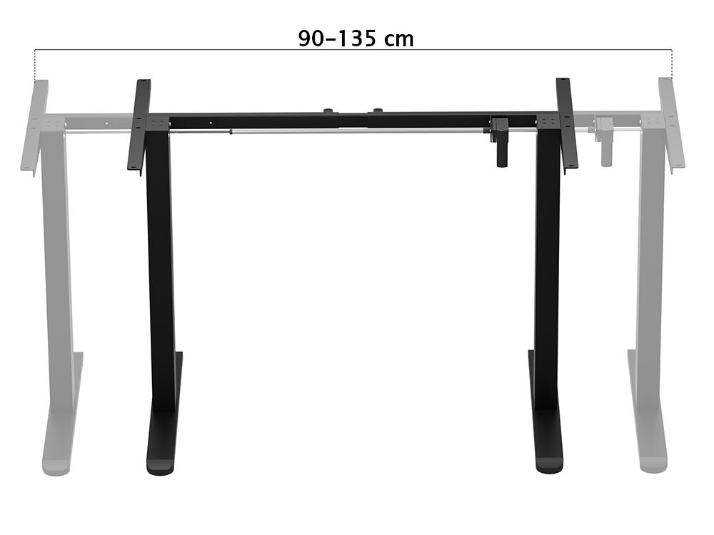 Stelaż biurka LVN SYSTEM Control Flex+ Czarny prezentacja stelaża i jego rozstawu na białym tle teleskopowa poprzeczka mechanizm napędu zakres od 90 do 135 cm
