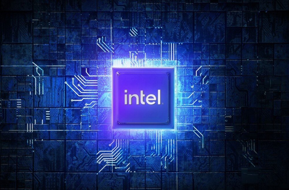 Laptop ASUS ExpertBook CX5403CMA-QM0137 Grafika przedstawiająca procesor z napisem „intel” na tle abstrakcyjnej niebieskiej siatki układów scalonych, procesor, pamięć, dysk