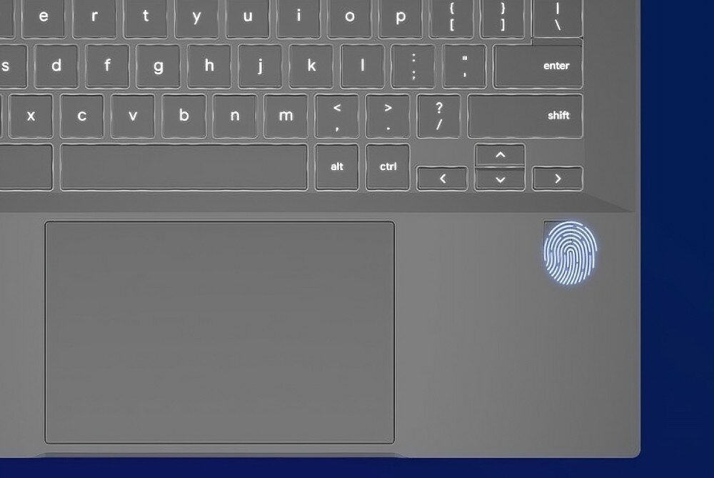 Laptop ASUS ExpertBook CX5403CMA-QM0137 Zbliżenie na klawiaturę laptopa z podświetleniem oraz czytnikiem linii papilarnych umieszczonym w prawym dolnym rogu touchpada, czytnik linii papilarnych, zabezpieczenia