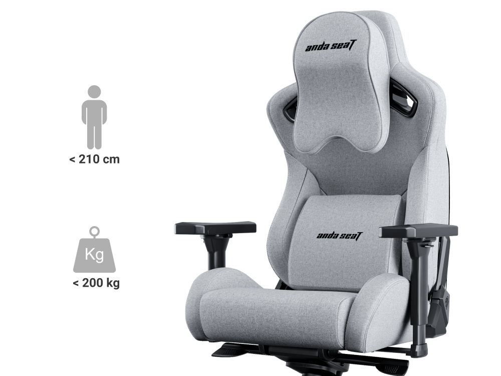 Fotel ANDA SEAT Kaiser 2 Pro XL Szary prezentacja fotela na białym tle od przodu pod kątem na białym tle napisy na grafice mniej niż 210 cm mniej niż 200 kg wagi użytkownika wytrzymałość komfort rama 100% stal stabilność wytrzymałość wygoda
