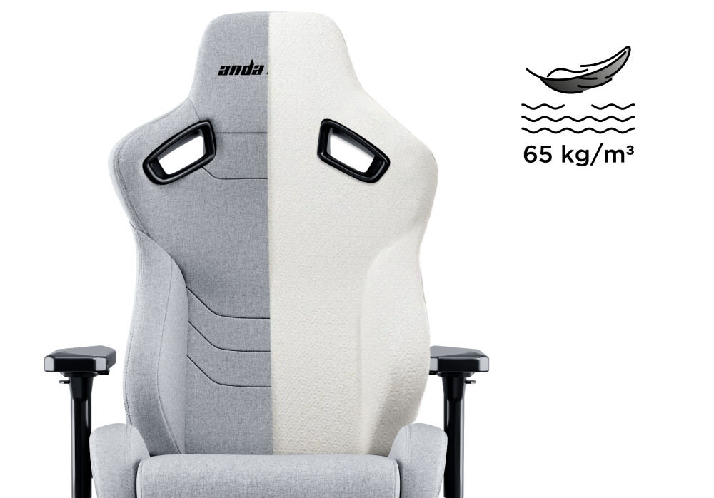 Fotel ANDA SEAT Kaiser 2 Pro XL Szary prezentacja fotela na białym tle i prezentacja wnętrza fotela pianki Memory Foam na frafice napis 65 kg/m3 komfort dopasowuje się do kształtu ciała wsparcie odpowiednia postawa redukcja obciążenia kręgosłupa wygoda ergonomia