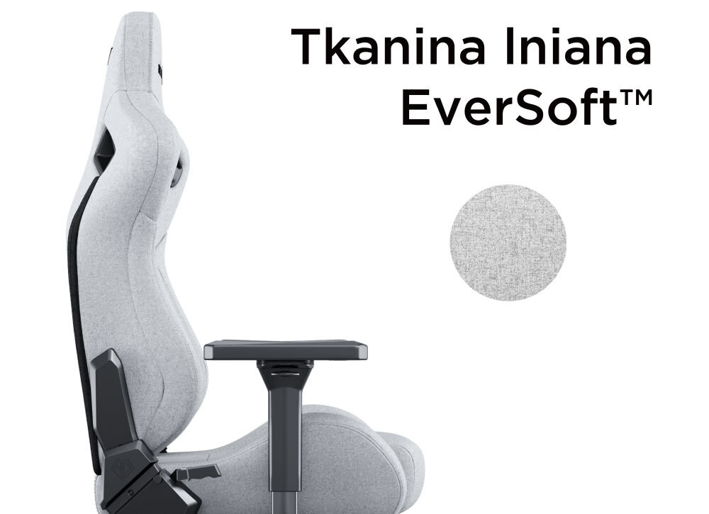 Fotel ANDA SEAT Kaiser 2 Pro XL Szary prezentacja fotela od boku z dopisem tkanina lniana EverSoft fotel premium trwałość komfort przyjemna w dotyku oddychająca bezpieczny dla zdrowia