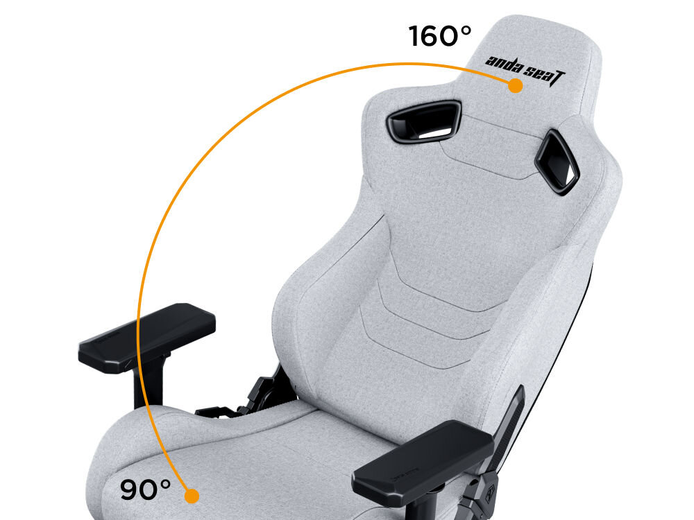 Fotel ANDA SEAT Kaiser 2 Pro XL Szary prezentacja fotela i jego zakresu pochylenia na białym tle ergonomiczny design prawidłowa postawa redukcja zmęczenia pleców regulowane oparcie 90°-160° zablokowanie kąta nachylenia system AD+ Recline multi-tilt indywidualne potrzeby wygoda