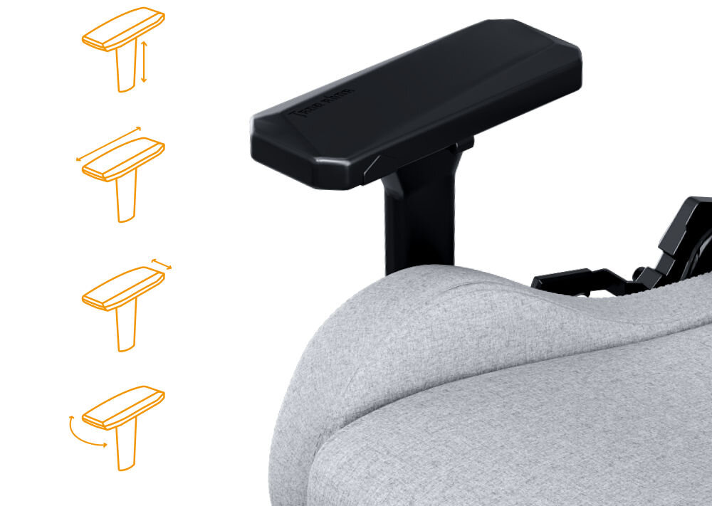 Fotel ANDA SEAT Kaiser 2 Pro XL Szary prezentacja podłokietników 4D i ich możliwej regulacji w czterech kierunkach w górę i w dół, w lewo i w prawo, do przodu i do tyłu możliwość obrotu powłoka poliuretanowa solidne podparcie łokci wygoda odciążenie nadgarstków