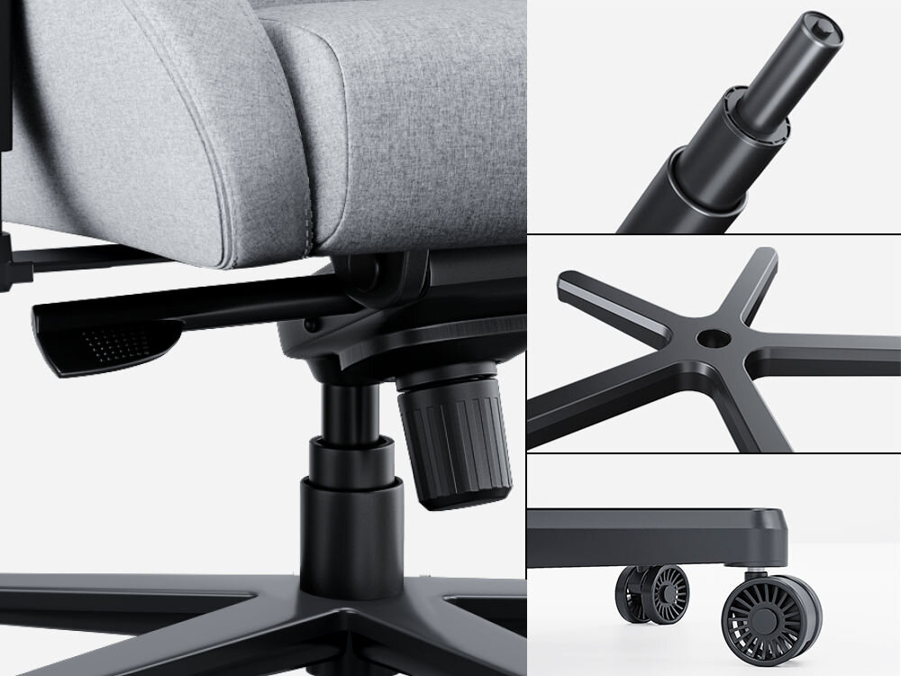 Fotel ANDA SEAT Kaiser 2 Pro XL Szary prezentacja podnośnika gazowego 4 klasy oraz kółek wygodna łatwa regulacja dopasowanie do użytkownika płynność regulacji pięć dużych kółek średnica 65 mm poliuretanowa powłoka ciche płynne solidna konstrukcja