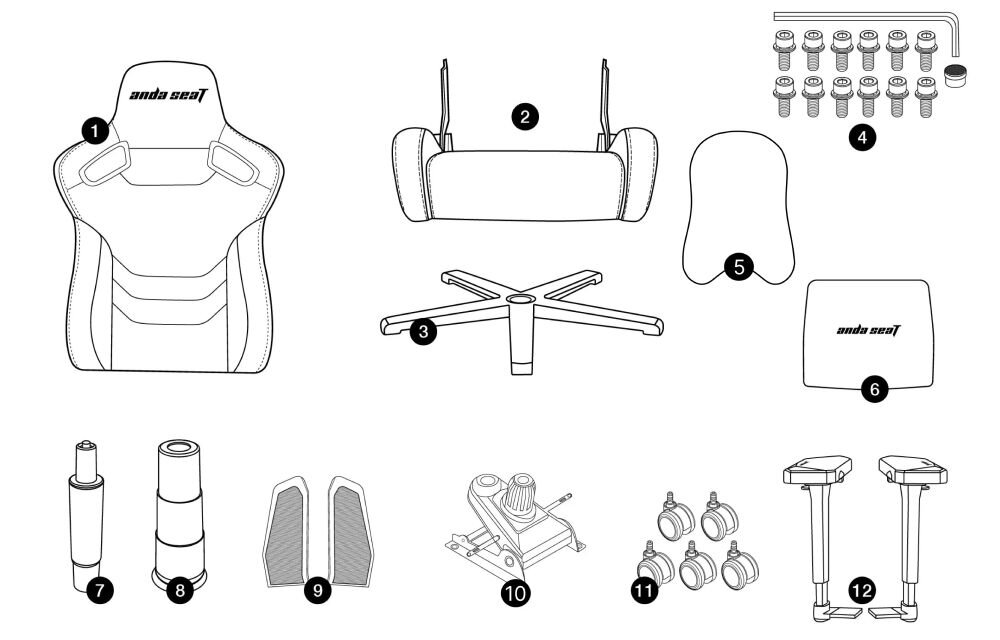 Fotel ANDA SEAT Kaiser 2 Pro XL Szary prezentacja rysunkowa elementów zawartości zestawu na białym tle