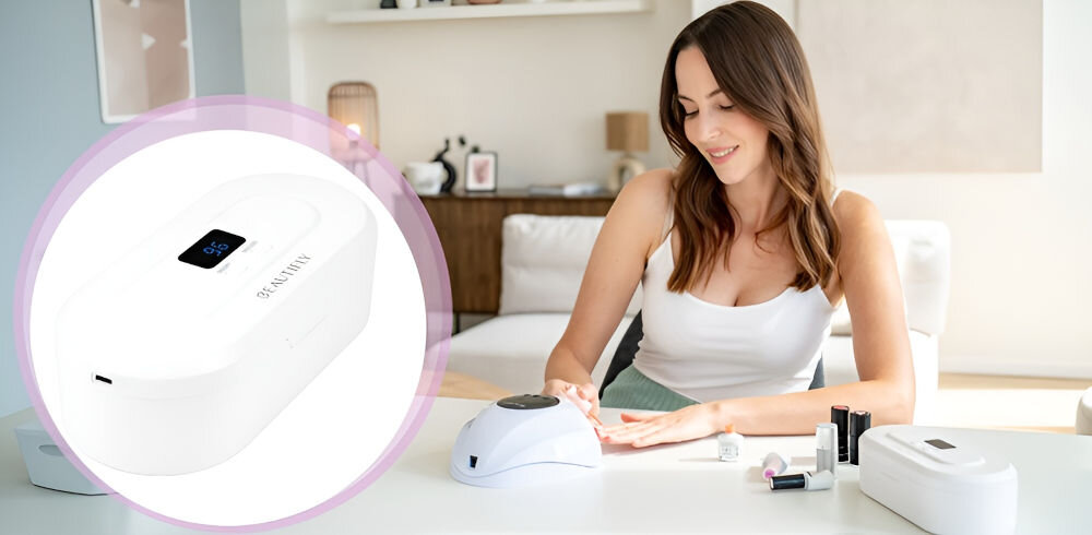 Sterylizator UVC/LED BEAUTIFLY Hygia Nails sterylizacja narzędzi kosmetycznych akcesoria do manicure pedicure narzędzie fryzjerskie przybory do makijażu dwa tryby krótki 60 sekundowy dłuższy 120 sekundowy dopasowanie długości pracy dla małych narzędzi większe akcesoria