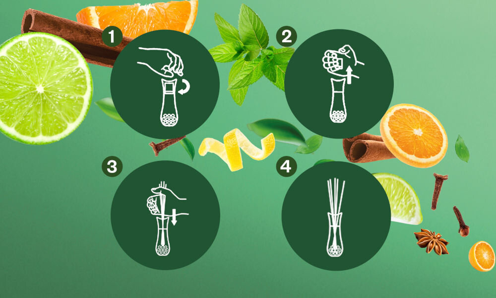 Patyczki zapachowe AIR WICK Essential Oils Owocowa Sangria z przyprawami 30 ml sposób użycia