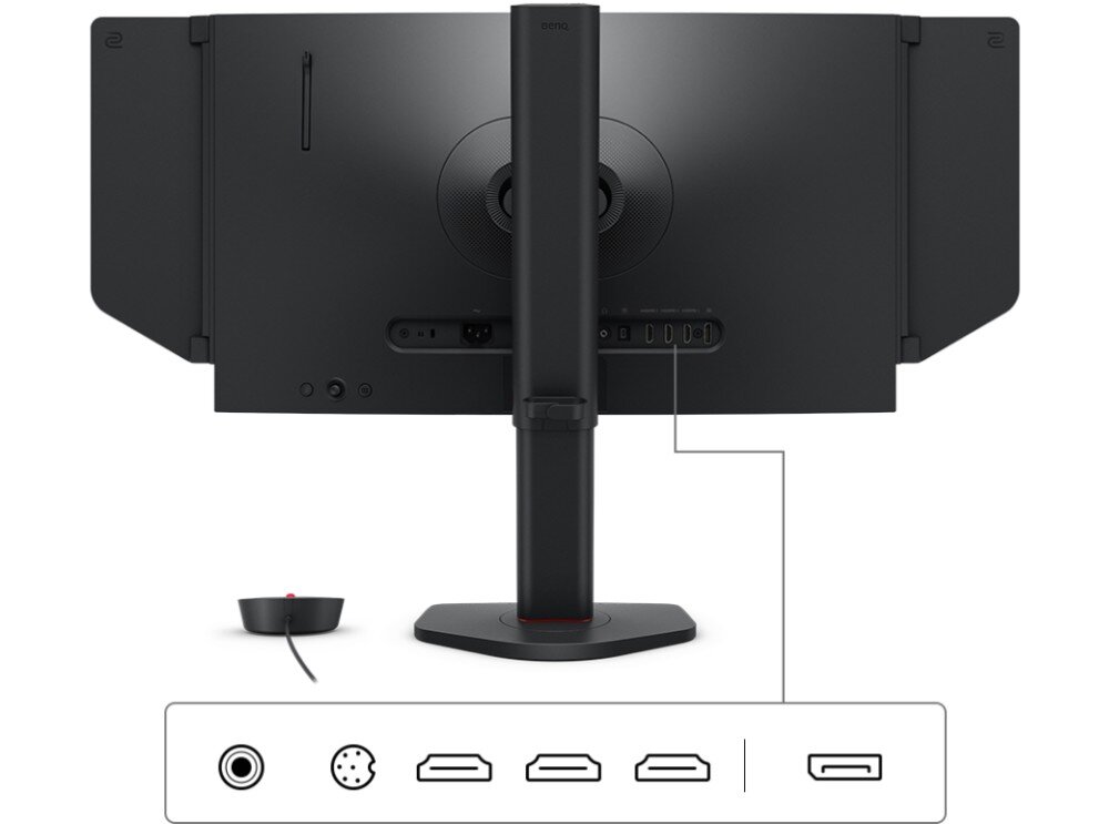 Monitor BENQ XL2566X+ Widok tylnej części monitora z zamontowanymi osłonami bocznymi oraz zestawem portów: jedno wyjście słuchawkowe, trzy złącza HDMI, jedno DisplayPort i kontroler z przewodem, porty, gniazda, podłączenie, mocowanie VESA