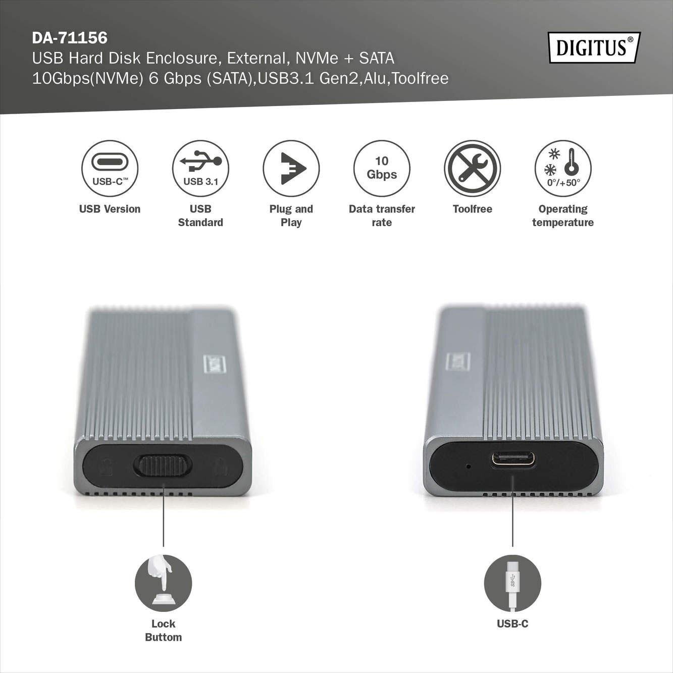 Obraz przedstawia aluminiową obudowę na dysk SSD z portem USB-C i przyciskiem blokady. Widoczne są ikony informujące o standardzie USB 3.1, prędkości transferu danych 10 Gbps oraz beznarzędziowej instalacji, a także logo \'DIGITUS\'.
