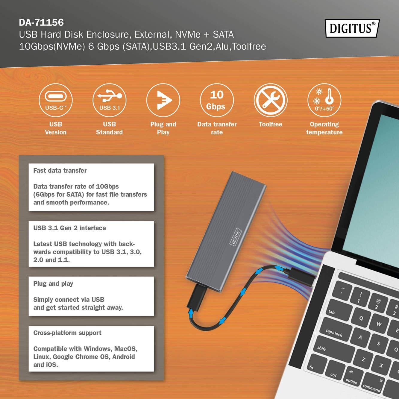 Obraz przedstawia obudowę na dysk SSD z logo \'Digitus\', podłączoną do laptopa. Na górze znajdują się ikony i teksty opisujące funkcje, takie jak \'USB-C\', \'USB 3.1\', \'Plug and Play\', \'10 Gbps\', \'Toolfree\', \'0/+50°\'.