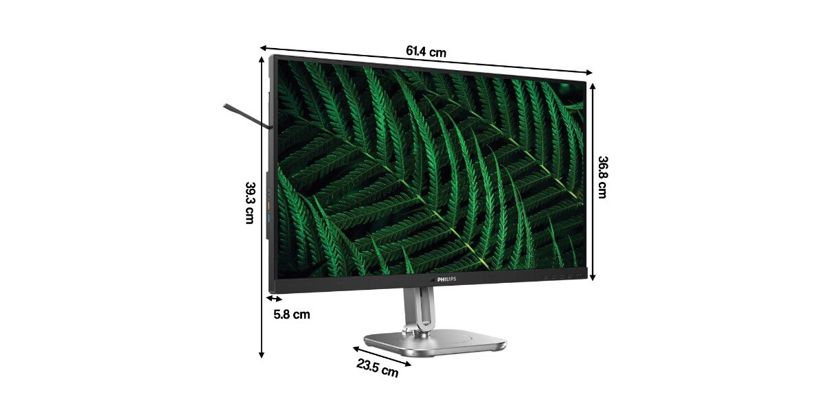 Monitor PHILIPS 27B2G5500/00 na białym tle - widoczne są wymiary monitora.