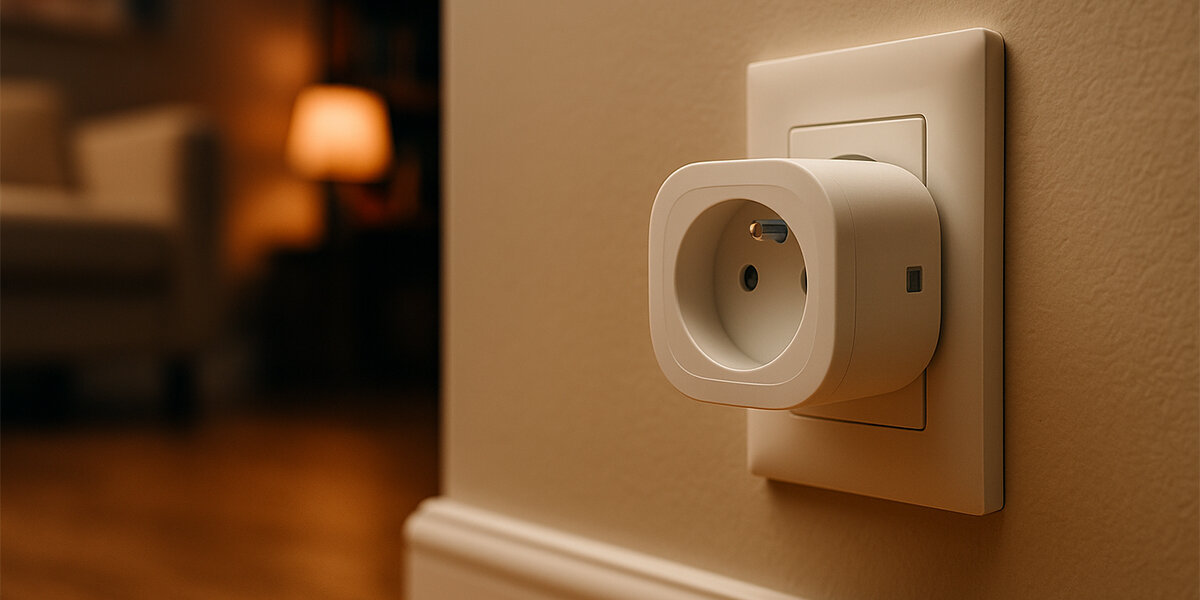 Inteligentne gniazdko OMAJIN Smart Plug SK, kontrola, światło, prąd, bezpieczeństwo, wtyczka w kontakcie, w tle pokój gościnny wieczorem