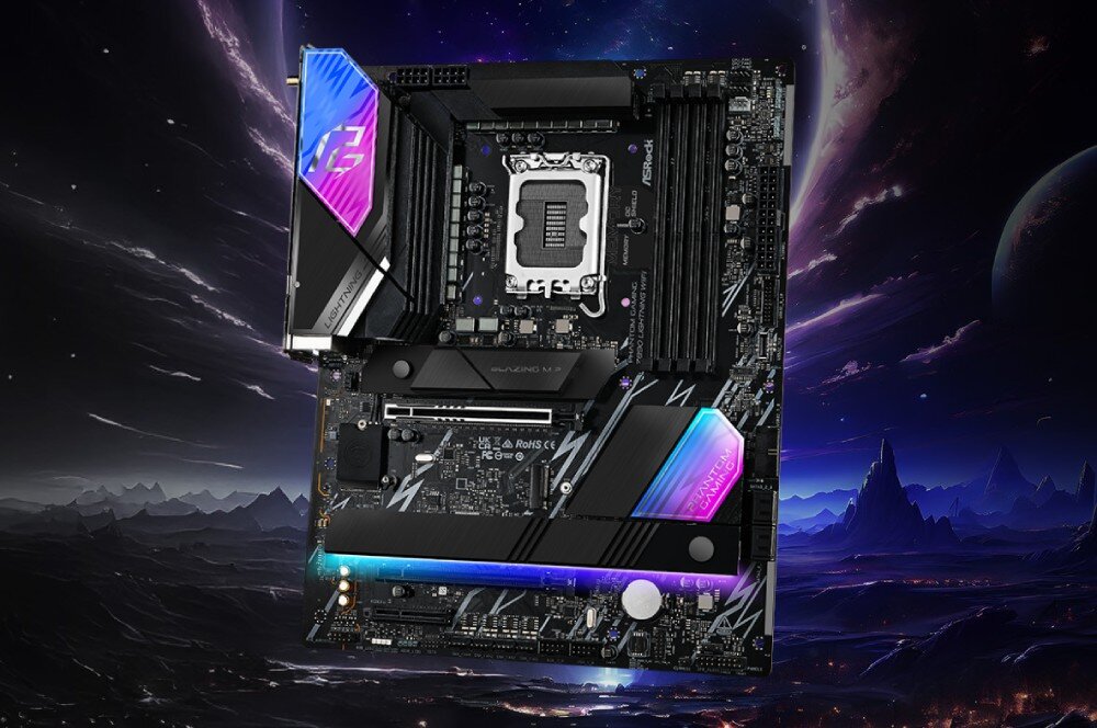Płyta główna ASROCK Z890 Lightning WiFi Płyta główna lewitująca w przestrzeni kosmicznej na tle fioletowej mgławicy i planet