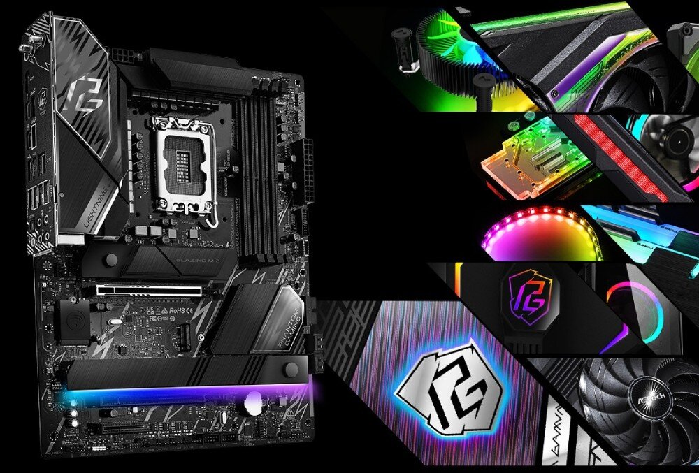 Płyta główna ASROCK Z890 Lightning WiFi Kolaż zdjęć detali płyty głównej pokazujący podświetlenie RGB wentylatory oraz zbliżenia na radiatory