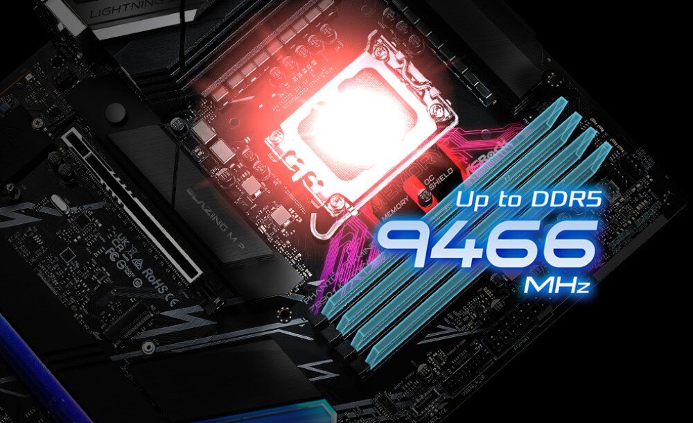Płyta główna ASROCK Z890 Lightning WiFi Widok gniazda procesora i slotów pamięci RAM z napisem 'Up to DDR5 9466 MHz' oraz kolorowym podświetleniem