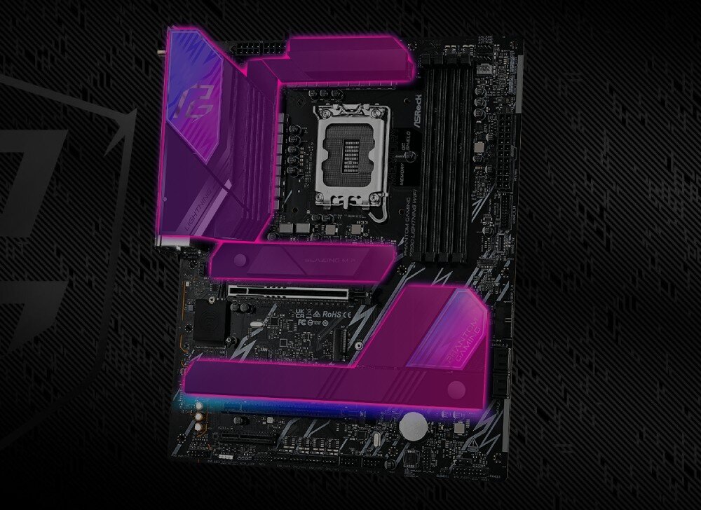 Płyta główna ASROCK Z890 Lightning WiFi Płyta główna z różowymi konturami zaznaczającymi rozmieszczenie radiatorów chłodzących sekcję zasilania i chipset