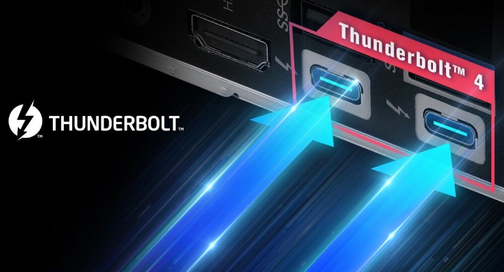 Płyta główna ASROCK Z890 Lightning WiFi Zbliżenie na tylny panel portów z dwoma gniazdami USB typu C oznaczonymi logo 'Thunderbolt 4' i niebieskimi strzałkami wskazującymi na złącza
