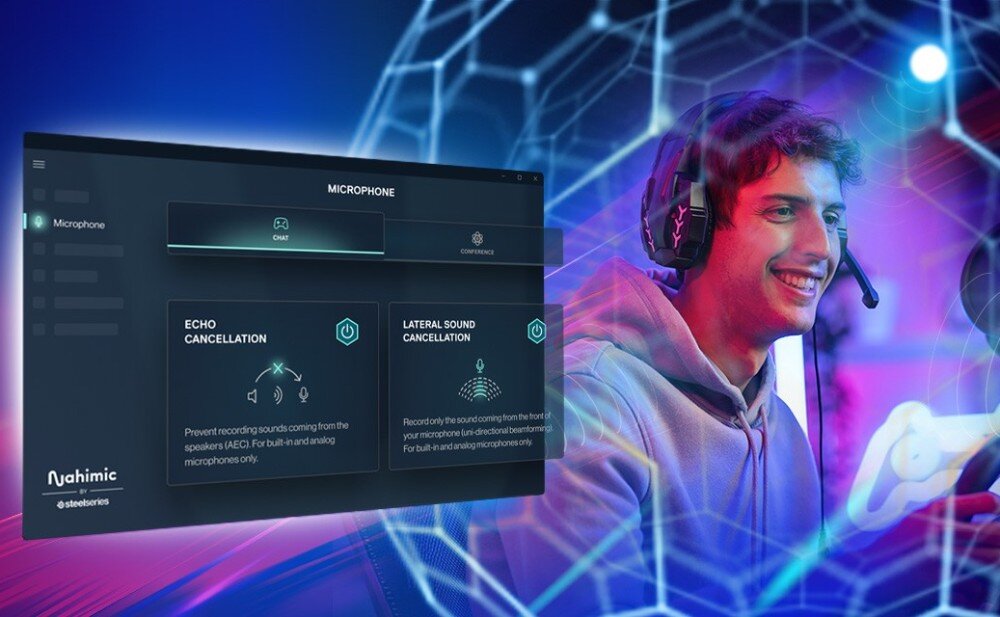 Płyta główna ASROCK Z890 Lightning WiFi Interfejs oprogramowania 'Nahimic' z opcjami mikrofonu obok zdjęcia gracza w słuchawkach