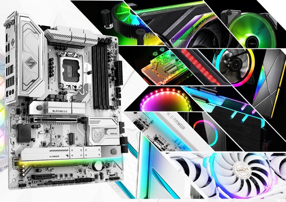 Płyta główna ASROCK Z890 Steel Legend WiFi Płyta główna otoczona fragmentami podzespołów komputerowych z podświetleniem RGB, takich jak karty graficzne, wentylatory i chłodzenia, wygląd, podświetlenie, synchronizacja