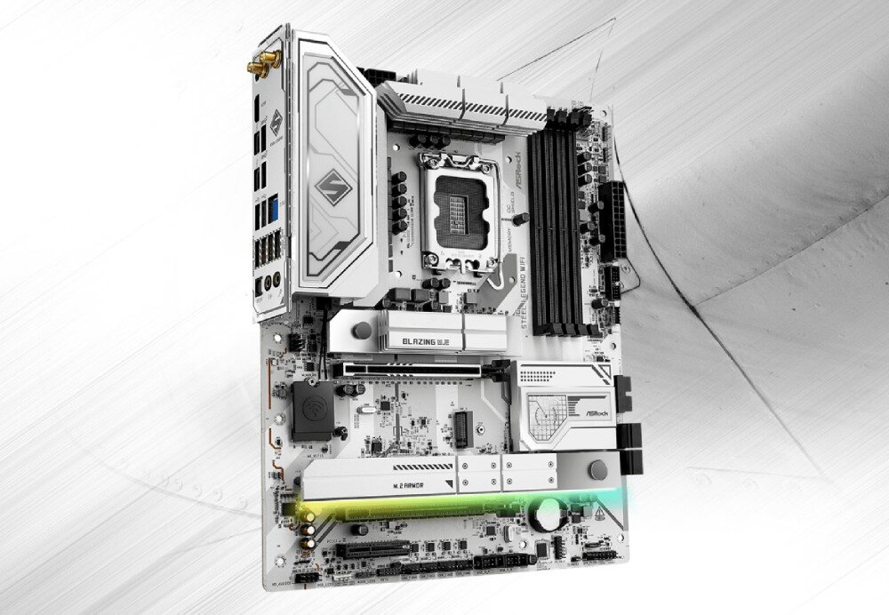 Płyta główna ASROCK Z890 Steel Legend WiFi Płyta główna w ujęciu z lewej strony z widocznymi portami wejść i wyjść, radiatorami oraz slotami rozszerzeń, cechy, zalety, przeznaczenie, procesory, kompatybilność
