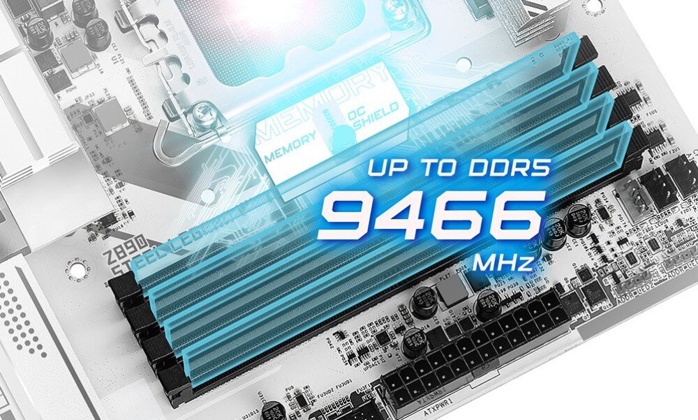 Płyta główna ASROCK Z890 Steel Legend WiFi Cztery sloty pamięci RAM DDR5 na płycie głównej z napisem 'up to DDR5 9466 MHz', pamięć DDR5, taktowanie, profile XMP i EXPO