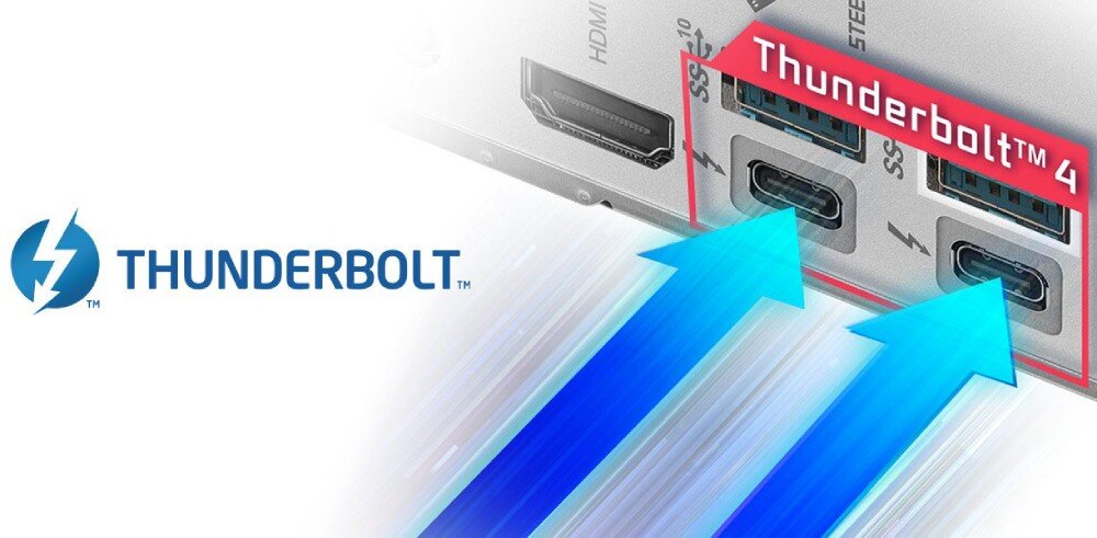 Płyta główna ASROCK Z890 Steel Legend WiFi Dwa porty Thunderbolt 4 typu USB-C z oznaczeniami na tylnym panelu płyty głównej i graficzną wizualizacją transferu, porty Thunderbolt 4, transfer plików