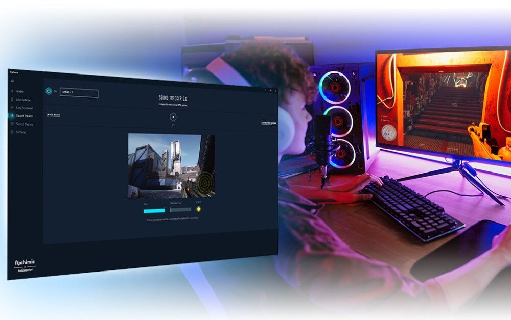 Płyta główna ASROCK Z890 Steel Legend WiFi Osoba grająca na komputerze przy biurku, na ekranie widoczne oprogramowanie 'Sound Tracker' oraz scena z gry, układ audio, funkcje, redukcja szumów, eliminacja echa