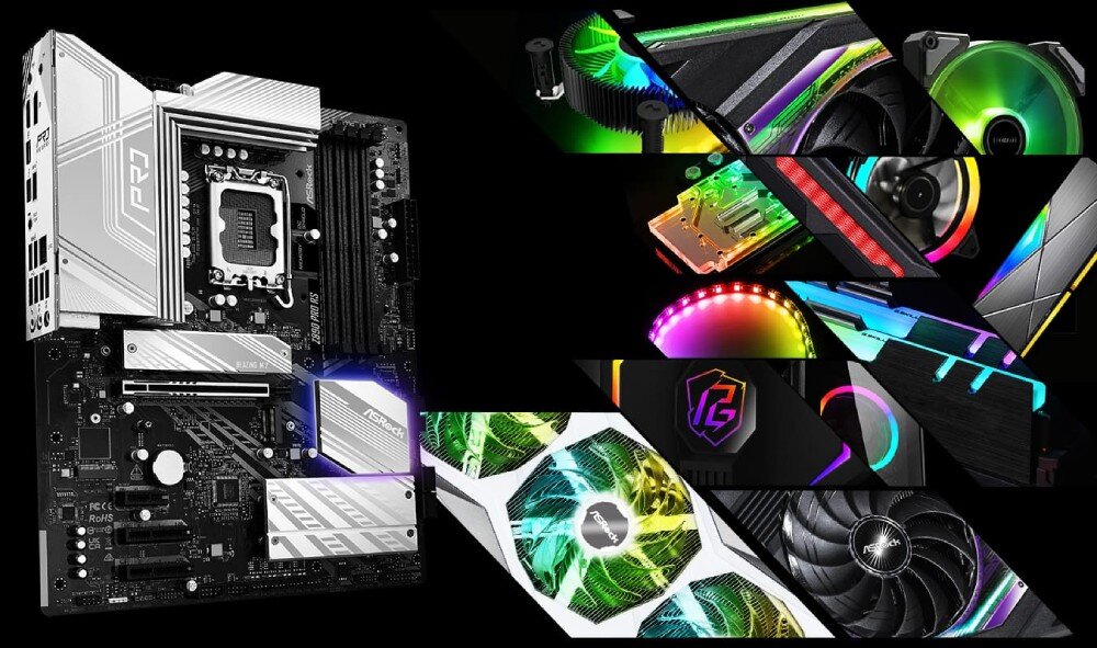 Płyta główna ASROCK Z890 Pro RS Płyta główna zestawiona z kolażem zdjęć różnych podzespołów komputerowych z wielokolorowym podświetleniem RGB